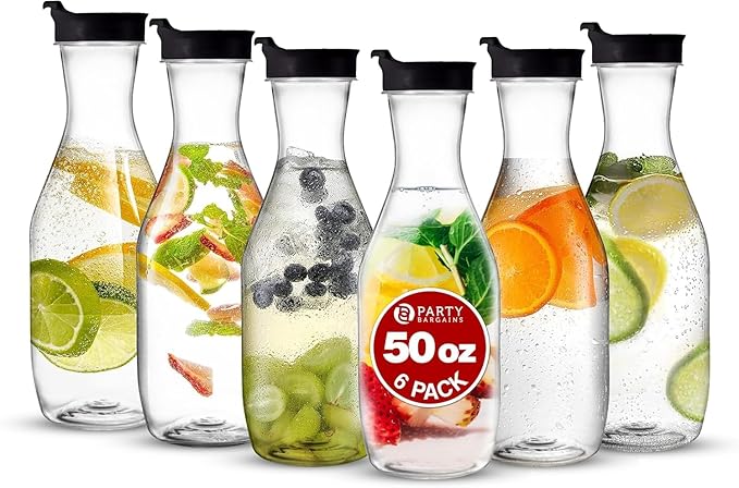 Party Bargains 50 oz. Plastic Carafe with Lids - Clear, 6 Count, Black Flip Tab Lid Premium Quality & Heavy Duty Plastic Pitcher for Iced Tea, Powdered Juice, Cold Beverages, Mimosa Bar