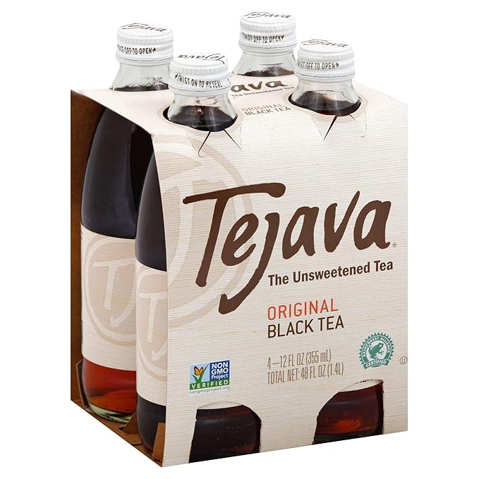 Tejava Original Unsweetened Black Iced Tea, 4 Pack, 12oz Glass Bottles, Non-GMO, Kosher, No Sugar or Sweeteners, No calories, No Preservatives, Brewed in Small Batches