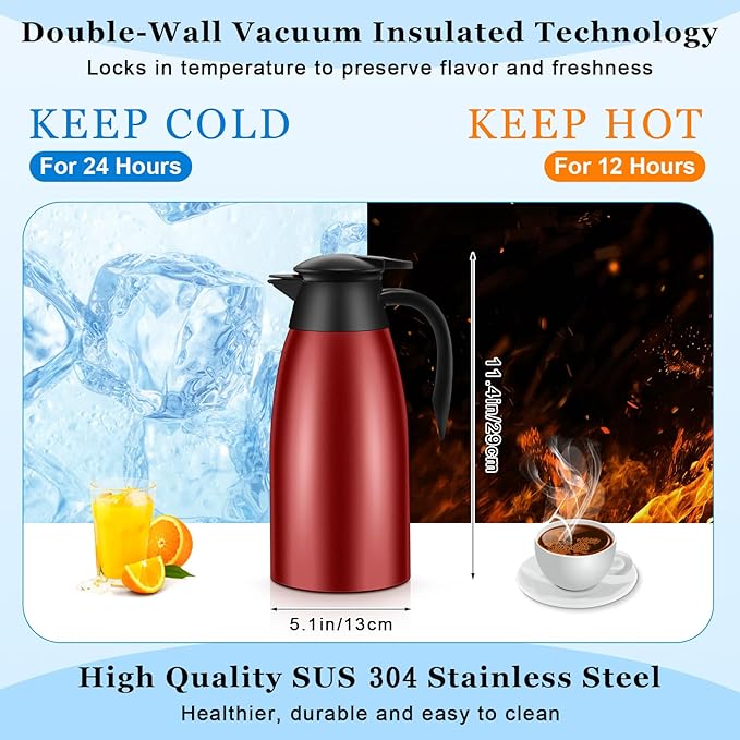 Uiifan 2 Pcs 68oz Thermal Coffee Carafe Insulated Stainless Steel Thermal Coffee Carafe Double Walled Vacuum Flask Carafes with Brushes for Keeping Tea for 12 Hours(Wine Red)