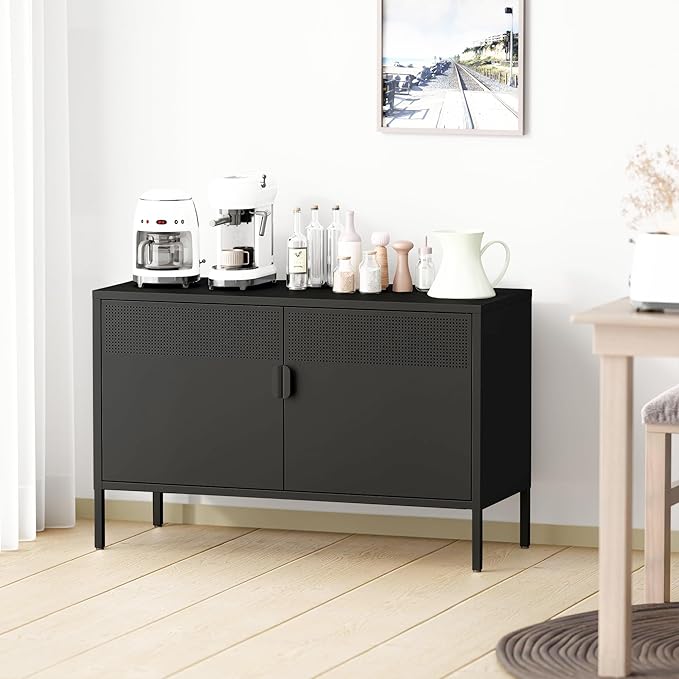 Metal Storage Cabinet with Doors,Black Accent Cabinet,Metal Locker Storage Cabinets,2 Door TV Media Stand with Removable Shelves for,Home,Office,Entryway,Living Room