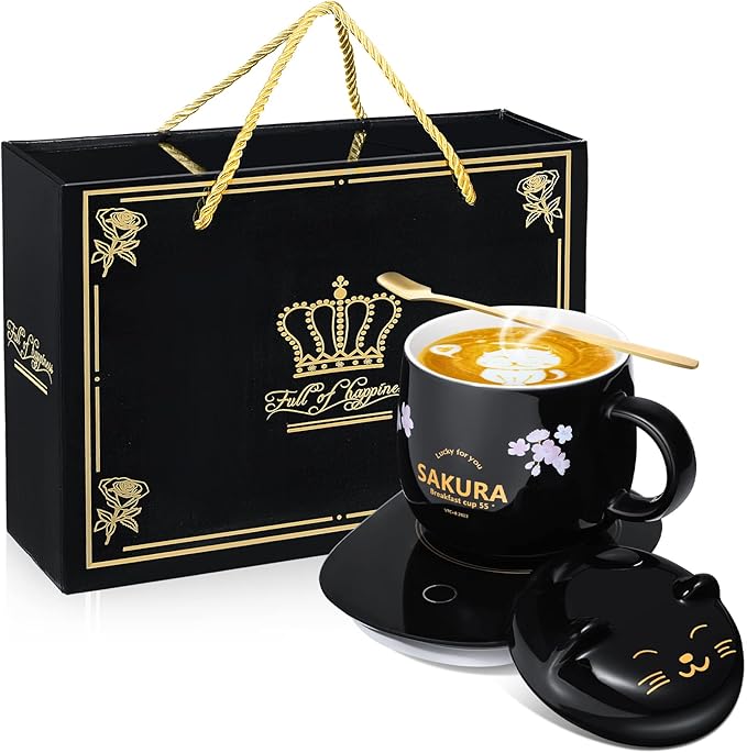 Honeydak Coffee Mug Warmer Cute Cat Mug Set Cup Warmer for Desk for Women Heated Coffee Warmer for Mom Home Office Christmas Birthday Gifts(Black)
