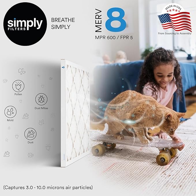 Simply 20x20x2 Air Filter, MERV 8, 6 Pack, Furnace Air Filter for HVAC (Actual Size:19.5"x19.5"x1.75") DUST, Pet, & Allergy Control