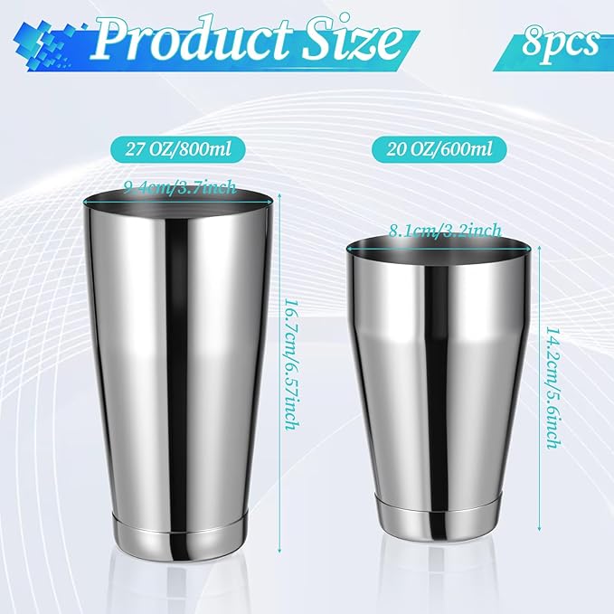 8Pcs Boston Cocktail Shaker, Professional Stainless Steel Tins Bartender Kit with 18oz & 24oz Mixed Drink Shakers Tool （Silver）