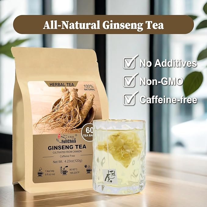 FullChea - Diverse All-Natural Herbal Tea Collection - Variety Pack for Easy Brewing - Ginseng Tea /60 Count (Pack of 1)