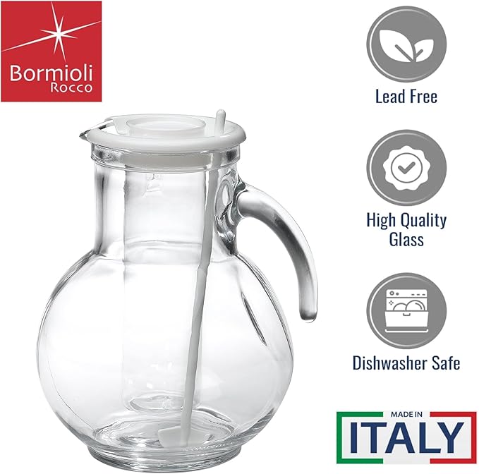 Bormioli Rocco Kufra 67.75 oz. Glass Jug with Ice Container, Stir Stick and Lid, White