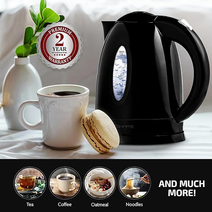 OVENTE Electric Kettle, 1.7L Fast Boiling Water Heater for Coffee or Tea, BPA Free with Water Level Gauge, Auto Shut-Off, Boil-Dry Protection, Indicator Light and Removable Filter, Black KP72B