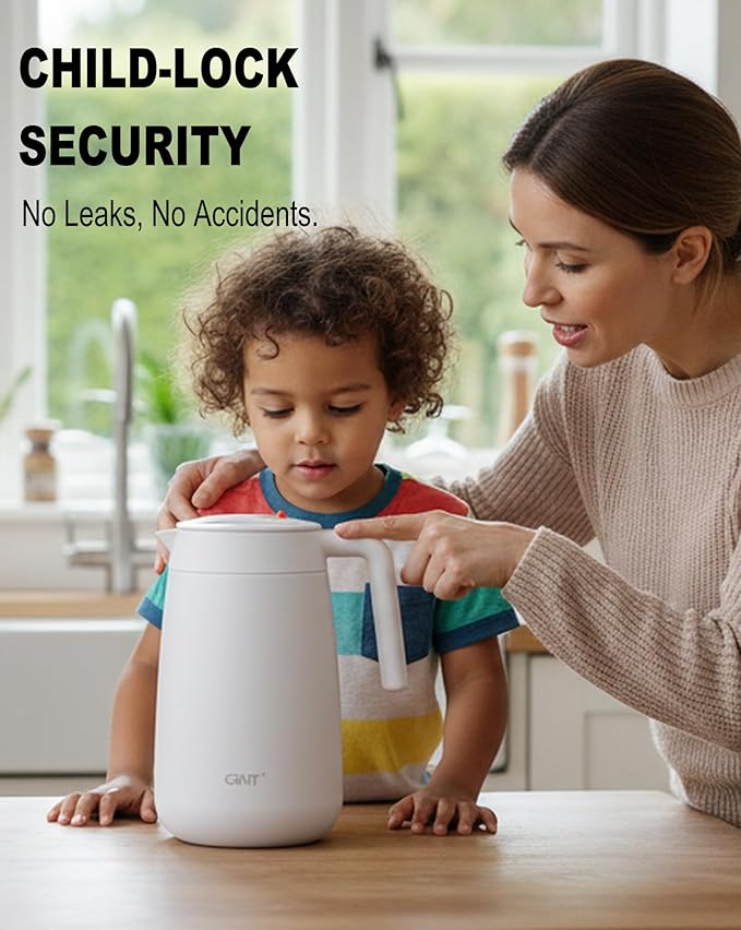 GiNT 54Oz/1.6L Thermal Coffee Carafe Wide Mouth - Double Wall Vacuum Insulated Stainless Steel Beverage Dispenser with Safety Lock | 12H Hot & 24H Cold Retention (White)