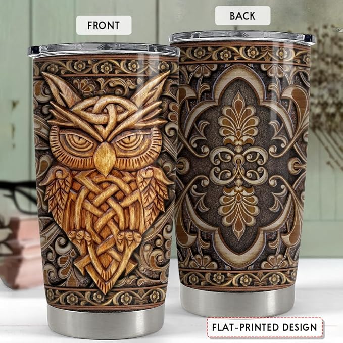 SANDJEST Owl Tumbler 20oz Owls Wood Drawing Stainless Steel Insulated Tumblers Coffee Travel Mug Cup Gifts for Women Men Owl Gift for Birthday Christmas
