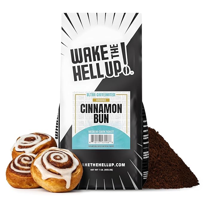 Wake The Hell Up! 1lb Ultra-Caffeinated Cinnamon Bun Ground Coffee, Low Acid, Medium-Dark Roast