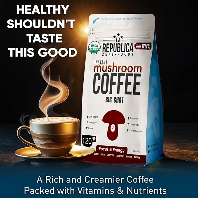 La Republica Big Shot Instant Mushroom Coffee Organic (120 Servings) with Lion's Mane, Reishi, Chaga, Cordyceps, Maitake, Turkey Tail