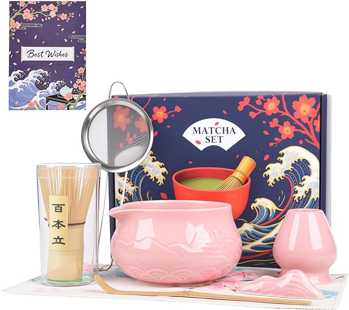 Matcha Whisk Set with Bowl, 8 Pcs Matcha Kit with Ceramic Holder, Scoop Holder, Sifter, Tea Towel, Greeting Card, Bamboo Whisk and Scoop, Pink Christmas Gift for Tea Lovers