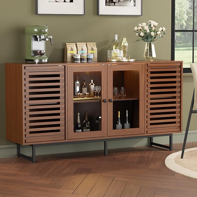 Vabches Mid Century Modern Sideboard Buffet Cabinet with LED Lights, Unique Slatted & Tempered Glass Doors, 58.3" Credenza Storage Cabinet for Kitchen, Dining, Living Room, Entryway, Walnut
