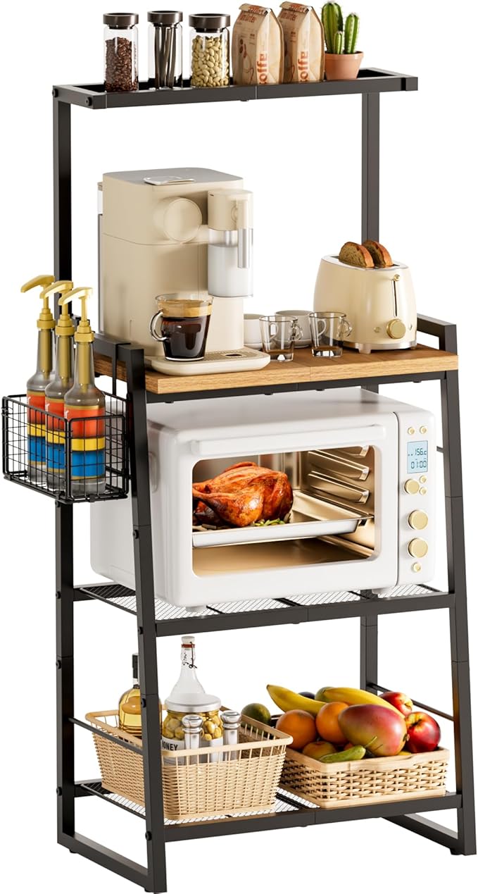Bakers Rack with Foldable Basket, Large 4 Tiers Coffee Bar Station, Kitchen Microwave Stand with Storage, Metal Shelf Rack for Living Room, Office, Garage (Rustic Brown)