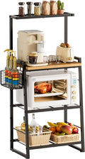 Bakers Rack with Foldable Basket, Large 4 Tiers Coffee Bar Station, Kitchen Microwave Stand with Storage, Metal Shelf Rack for Living Room, Office, Garage (Rustic Brown)