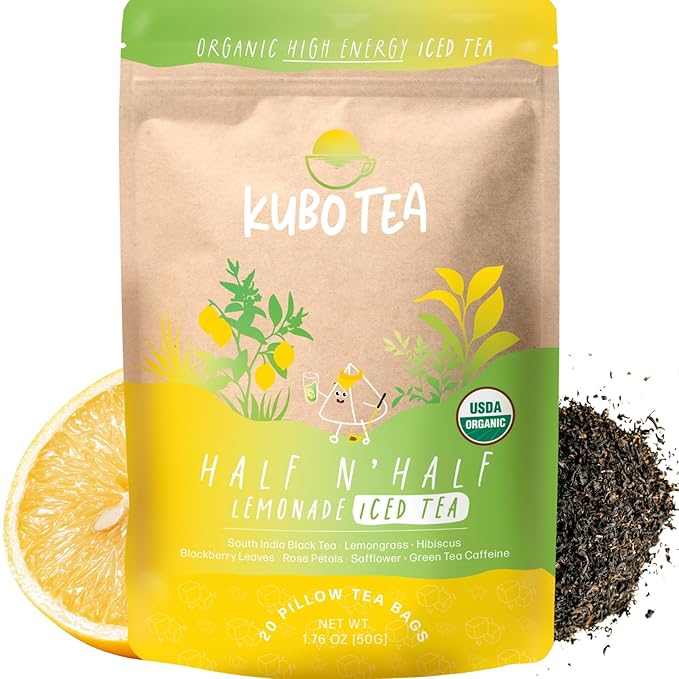 High Caffeine Iced Tea (155 mg) - Kubo Tea: Organic Half & Half Lemonade Black Tea Bags for Clean Energy & Focus | Healthy Coffee Substitute | High Energy Iced Blend | 20 Ct | Compostable Packaging