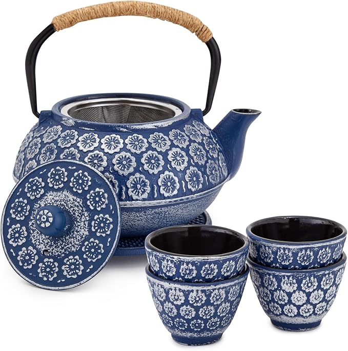 Juvale Japanese Cast Iron Teapot with Infuser - Enhanced Heat Retention in Cast Iron Kettle - Includes Stainless Infuser Basket & Trivet for Teapot Filter Set - 32 Oz, Blue