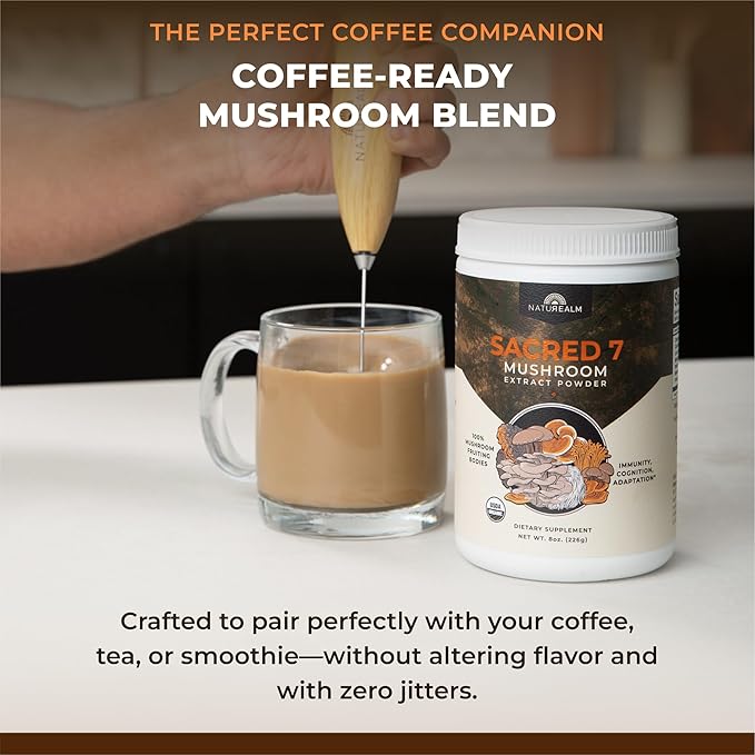 Sacred 7 Mushroom Coffee Booster | Organic Mushroom Supplement Powder – Lions Mane, Reishi, Chaga & More | Adaptogen + Nootropic | 100% Fruiting Bodies | Mix with Coffee,Tea, Smoothies - 226 Servings