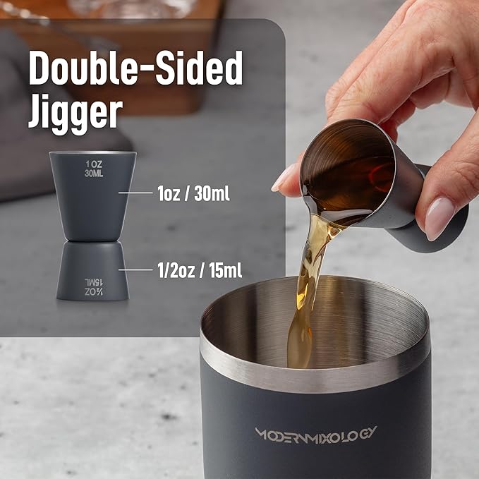 Modern Mixology Matte Black Bartender Kit – Cocktail Shaker and Jigger Set, 24oz Drink Mixer with Cap – Home Bar Tools for Mixing Cocktails, Martini, Margarita – Sleek Gift for Men & Women