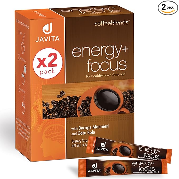 Energy + Focus Instant Coffee by Javita – Premium Arabica with Adaptogens – Clean Energy & Mental Clarity Support – Convenient Functional Coffee Medium Roast Coffee Mix (2 box/48 serv.)