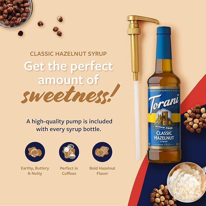 Torani Sugar Free Coffee Syrup, Classic Hazelnut Flavoring for Drinks, Zero Calorie, Pump Included, 25.4 Fl Oz