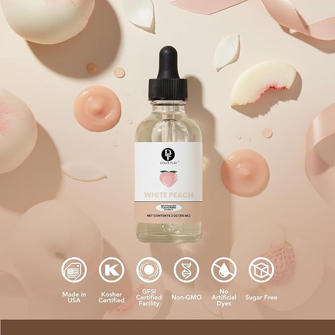 Dolce Flav Natural White Peach Extract 2 oz – Kosher, Sugar-Free, Concentrated Sweet White Peach Flavoring for Beverages, Desserts & Baking, Includes Measured Dropper