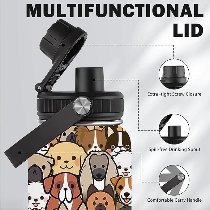 32 oz Insulated Water Bottle, Stainless Steel Water Bottles, Sports Travel Bottles, Cute Dogs Water Bottle Gifts for Men Women Dog Lovers (1pcs)