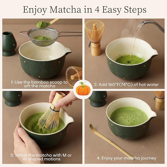 Matcha Whisk Set with Matcha Bowl, Bamboo Chasen and Whisk Holder, Scoop, Sifter, 5 PCS Matcha Kit for Women Men Ceremony, Christmas Matcha Gift Set, Green