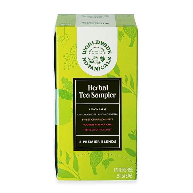 Worldwide Botanicals Herbal Tea Sampler, 5 Teas Variety Pack- Lemon Balm, Lemon Ginger Ashwagandha, Hibiscus Citrus Zest, Sweet Cinnamon Spice & Rooibos Masala Chai – 25 Teabags