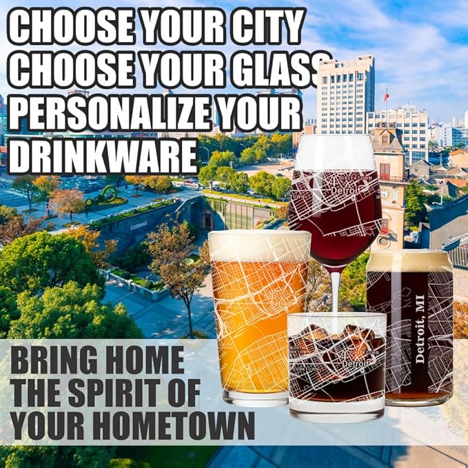 Blue Ridge Mountain Gifts - Detroit Souvenir - Michigan Glassware Gift, Etched City Map, Laser Engraved and Dishwasher Safe