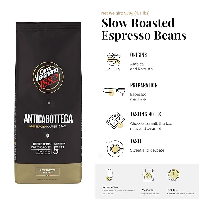 Caffe Vergnano 1882 Granaroma, Espresso, & Antica Bottega Whole Bean Arabica Medium Espresso Roast Coffee, 1.1lbs Bag - Italian Coffee Beans -500g Bag (3 Pk)