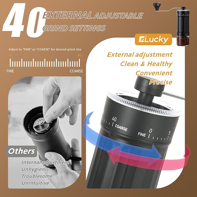 Manual Coffee Grinder with 40 External Adjustments, 30g Capacity Hand-Crank Bean Mill, Compact Conical Burr Grinder for Espresso, Pour Over, French Press, Travel/Camping/Office