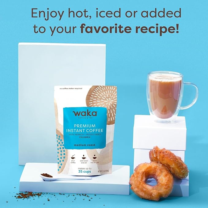 Waka Instant Coffee, Medium Roast - 100% Arabica Colombian Beans, Freeze Dried Granules, No Sugar or Additives - Bulk Bag for Quick Hot and Iced Coffees, Up to 35 Cups (3.5oz)