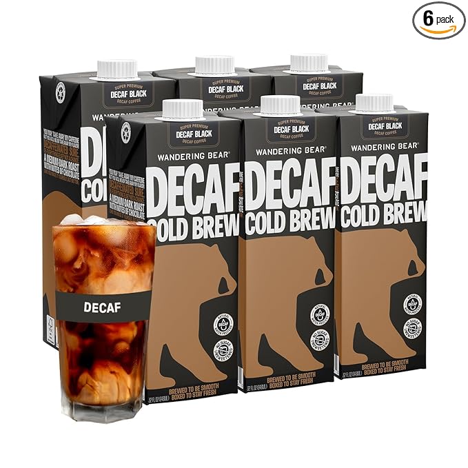 Wandering Bear Decaf Cold Brew Coffee - Bold, Smooth, No Sugar Added, Shelf-Stable, Ready to Drink, Gluten Free & Vegan Decaf Iced Cold Brewed Coffee Drink - 32 fl oz, 6 pack