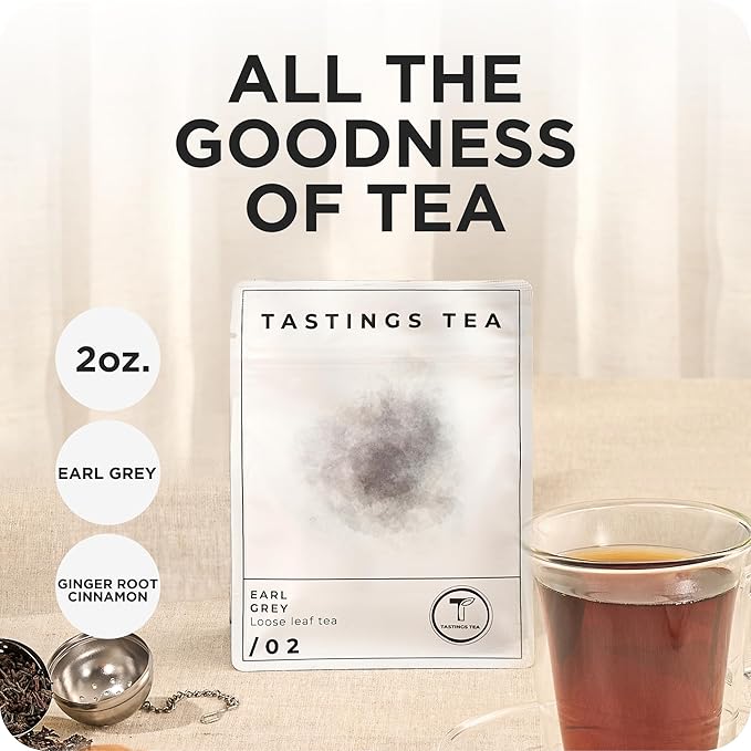 Tastings Tea Earl Grey - 3.5 oz. Loose-Leaf Blend | Assam & Nilgiri Tea Leaves with Bergamot Oil | Caffeinated for Morning Rituals | Holistic Wellbeing