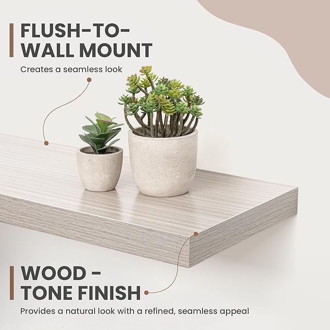 24 Inch Floating Shelves, 8 Inch Deep Floating Shelves for Wall, Hanging Shelf with Invisible Brackets, Deep Shelves for Bathroom, Bedroom, Living Room, Grey, Set of 2