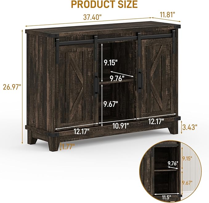 Vabches Bar Cabinet with Storage, Farmhouse Storage Cabinet with Sliding Barn Doors and Adjustable Shelves Small Rustic Liquor Cabinet for Living Room, Kitchen, Entryway