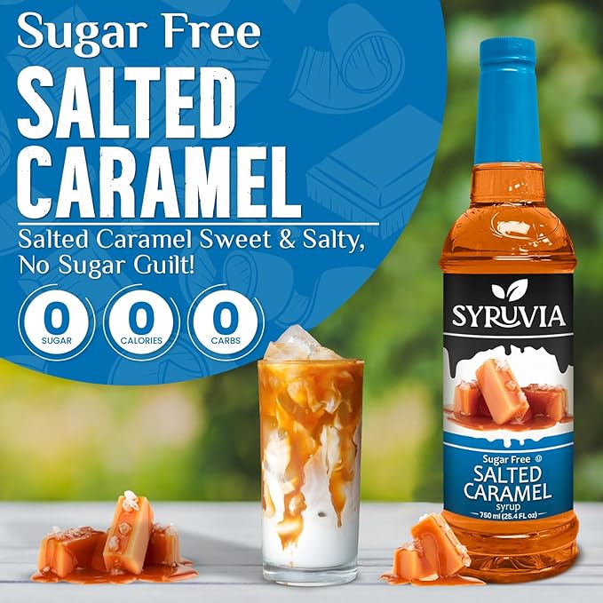 Syruvia Sugar Free Coffee Syrup, Salted Caramel Flavored Syrup for Drinks, Lattes, and Desserts – 25.4 fl oz, With Pump
