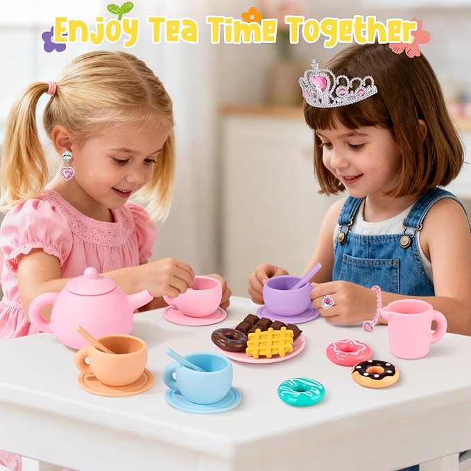 Silicone Tea Set for Toddlers, Tea Party Set for Little Girls, Kids Pretend Role Play Kitchen Toys, Toddler Girl Birthday Gifts Age 2-5 Year Old