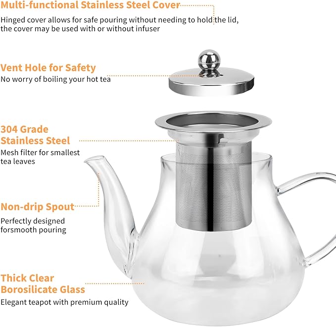 Glass Teapot 14oz/400ml with Removable Infuser, Borosilicate Clear Tea Kettle, Stovetop Safe Tea Kettle Blooming Loose Leaf Teapots, for Camping, Travel