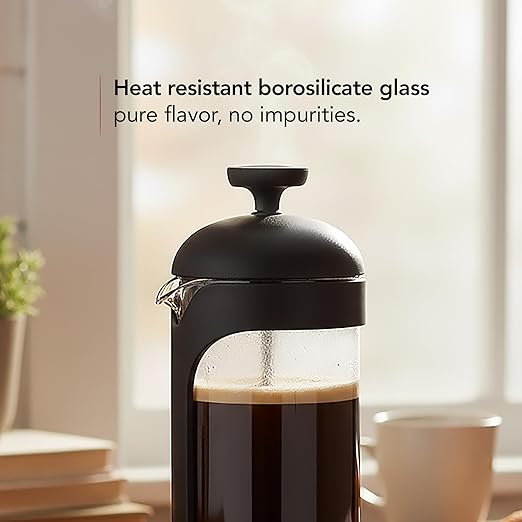 OVENTE French Press Coffee Maker 12 Ounce with Heat Resistant Borosilicate Glass & Stainless Steel 4-Level Filtration System, Portable Cold Brew Coffee Maker for Travel, Camping or Gift, Black FPB12B