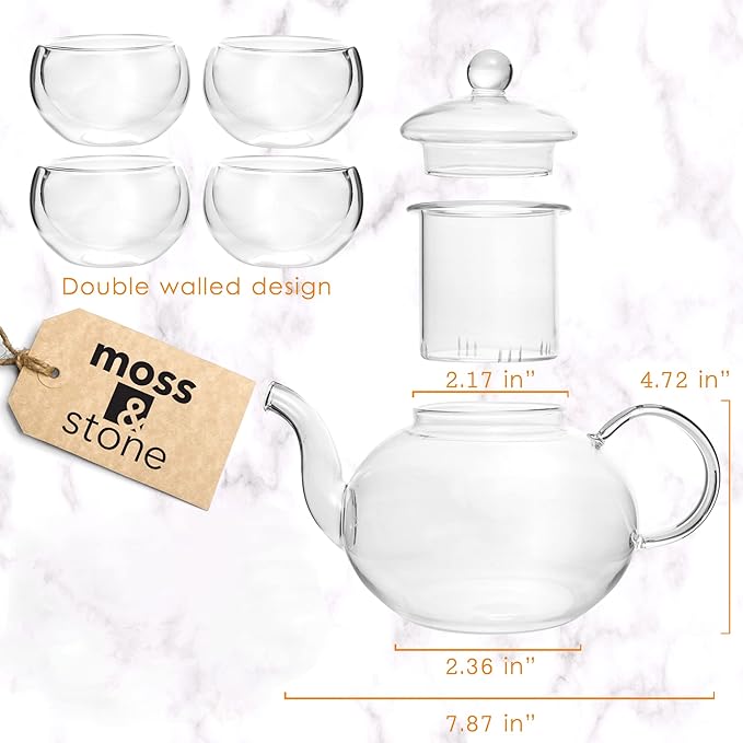 Moss & Stone Glass 27oz Tea Kettle Infuser & 4 Tea Cups Gift Set, Borosilicate Glass Teapot With Removable Glass Strainer & Teacups Of 2.7 oz, Teapot With Strainer Microwave Safe Tea Maker