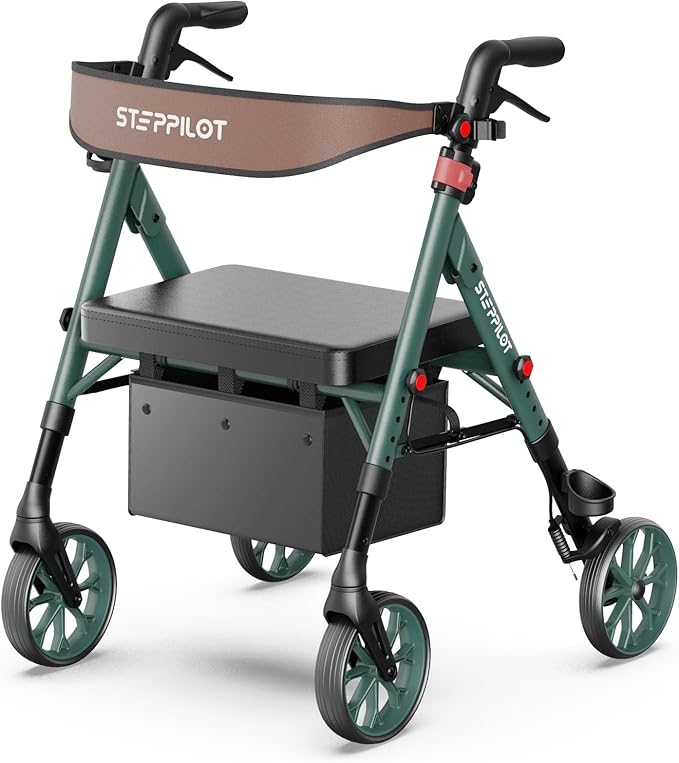 Foldable Aluminum Rollator Walkers with Cushion Seat for Senior, 16lbs Lightweight & 500 lbs Max Load, Adjustable 5-Level Seat Height & 6-Level Handles Height,8" Big Wheels,Dual Braking, Storage Bag