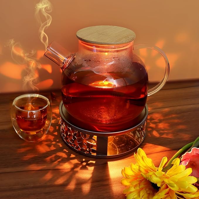 Tea Warmer Petals Silhouette, JUKFITA Silver Brushed Stainless Steel Teapot Warmer, Includes 1 Tealight Holder