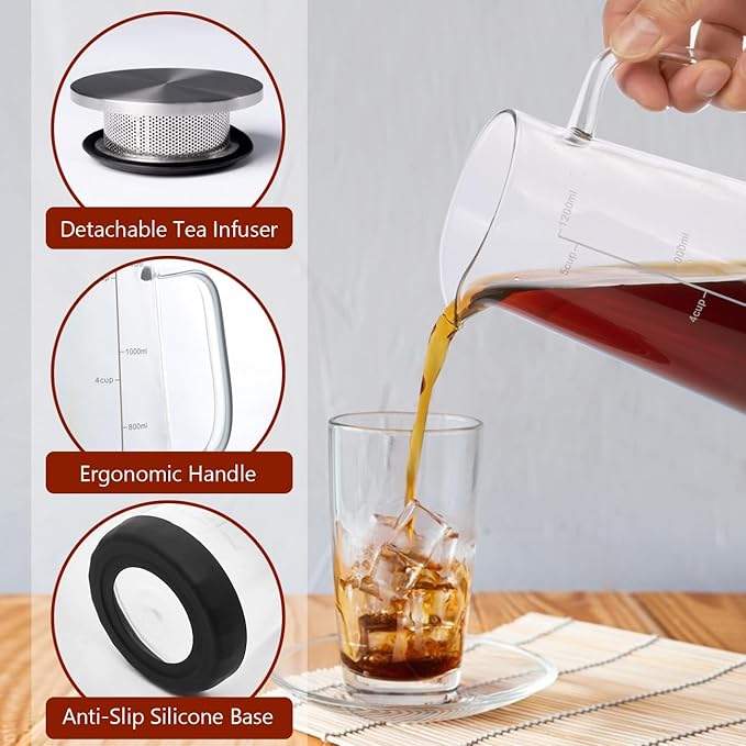 LHS Glass Teapot with Stainless Steel Infuser, Borosilicate Glass Teapot Kettle for Loose Leaf Tea, Blooming Tea, Cold Brew, 1200ml