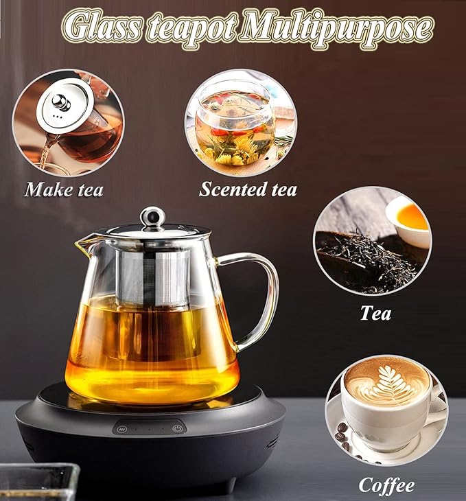 Glass Teapot with Removable Stainless Steel Infuser, Borosilicate Glass Tea Pot with Strainer,for Blooming Tea & Loose Leaf Tea, Microwave & Stovetop Safe (33OZ)