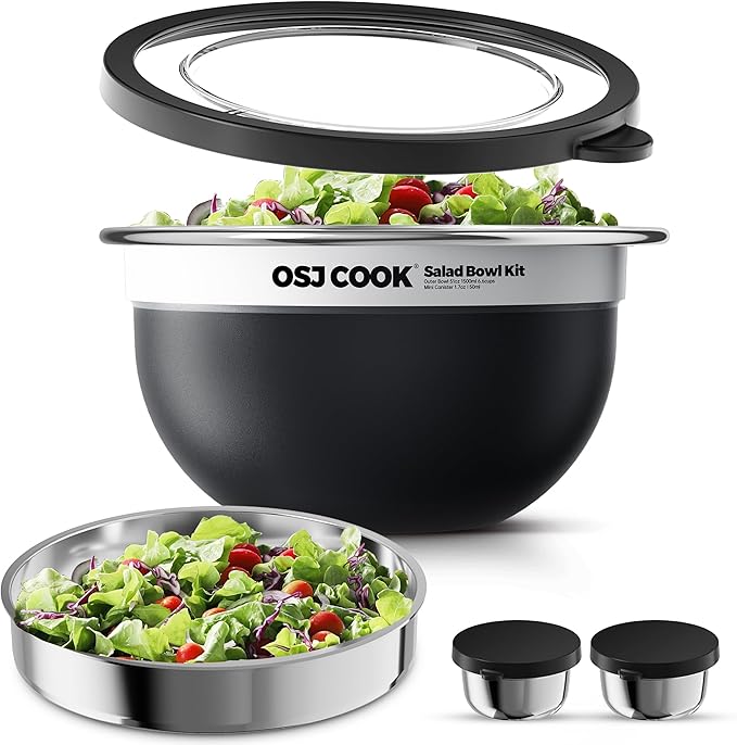 18/8 Stainless Steel Salad Bowl Kit - 74oz, Mixing Bowls with Lids Set, Teakwood - Comes with 1.7oz Condiment Container and Removable Tray for Organization - Leak-Proof, Dishwasher Safe (Black)