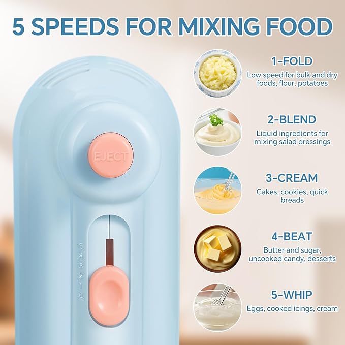 Hand Mixer Electric, 5-Speed Kitchen Mixer Handheld Mixer with Turbo Ultra Power, 4 Stainless Steel Accessories for Whipping Mixing Cake Egg Cream, Small Blue Baking Mixers, Christmas Gifts for Women