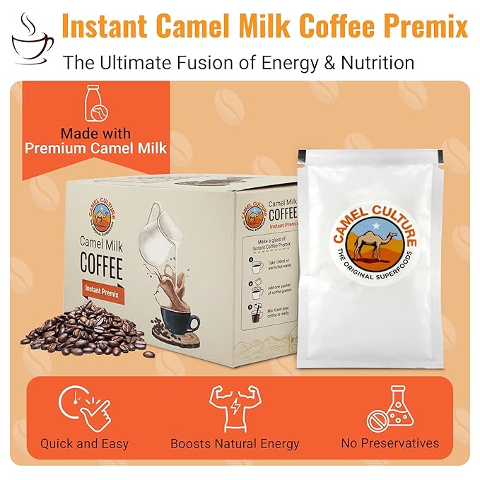 Camel Milk Instant Powdered Coffee Premix - 12 Single Serve Coffee Sachets – Nutrient-Rich Blend & Immune-Boosting Instant Coffee Powder – On-the-Go Convenience & Premium Healthy Beverage