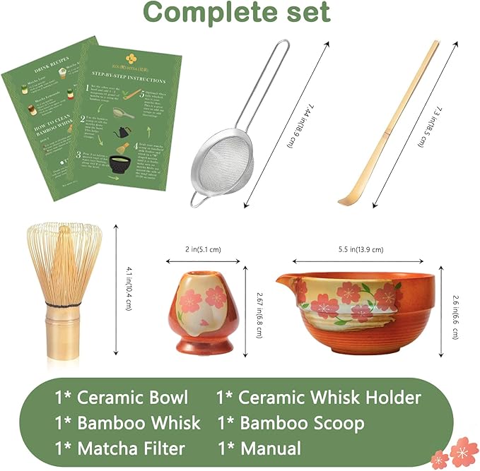 Matcha Whisk Set With Cherry Blossom Design Bowl And Whisk, Japanese Traditional Matcha Starter Kit Gifts For Women Men Girl Friend,Terracotta And Beige