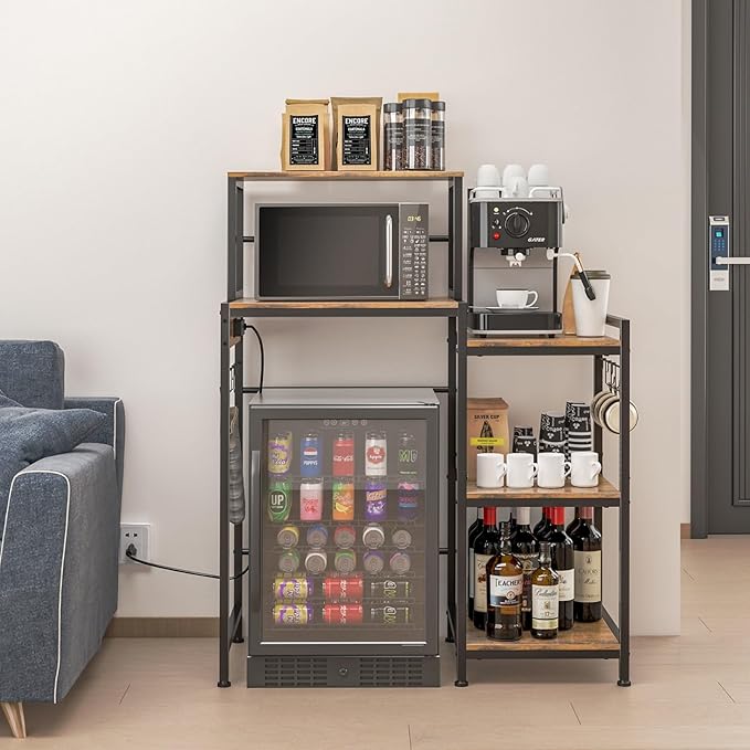 Mini Fridge Cabinet with Storage Shelves, Microwave Stand with 2 AC/2 USB Outlets, Coffee Bar Cabinet with Mini Fridge Space, Utility Storage Shelf for Home Kitchen Dorm Office